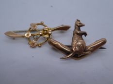 9ct Rose gold brooch in the form of a Kangaroo and Boomerang, marked 9 and another depicting floral