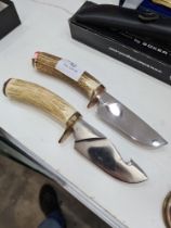 A modern gut hook knife having antler handle and one other similar knife