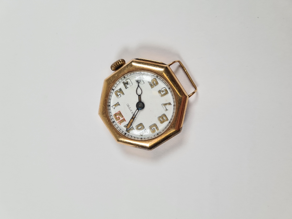 14K gold cased watch head, with circular enamelled numbered dial in octagonal 14K gold cased dial si - Image 6 of 8