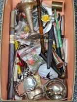 Box of mixed collectables including plated drink labels, pens, thread counter, etc