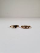 Two 9ct gold dress rings, one with a heart shaped back panel and the other set 3 red stones, size O,