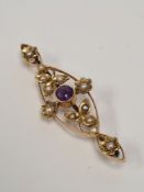 Victorian 15ct decorative floral design brooch with central round cut amethyst inset seed pearls, ma