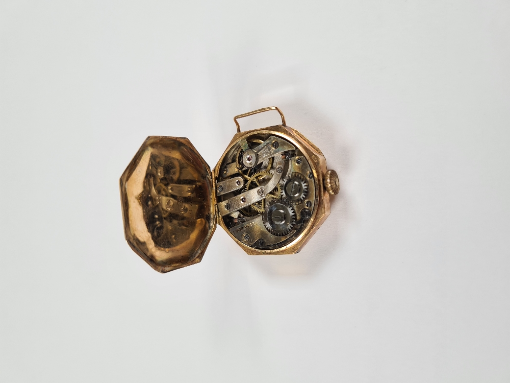 14K gold cased watch head, with circular enamelled numbered dial in octagonal 14K gold cased dial si - Image 4 of 8
