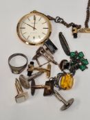 Ingersoll plated 17 jewel pocket watch, paste fob, silver ring, antique enamelled 'Baby' brooch, cuf
