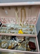 Jewellery box and contents to include compact, watches, Yves Saint Laurent brooch, many earrings, et