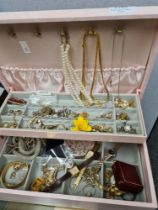 Jewellery box and contents to include compact, watches, Yves Saint Laurent brooch, many earrings, et