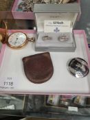 Pair of cased sterling silver Millennium cufflinks by Kit Heath, a gold plated Waltham pocket watch