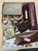Tray of rolled gold stud, scent bottle with red glass body, silver cigarette case, cased watch, yard