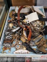 Tray of various vintage costume jewellery including watches, brooches
