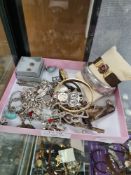Tray mixed costume jewellery to include floral engraved hinged bangle, silver charm bracelet hung wi