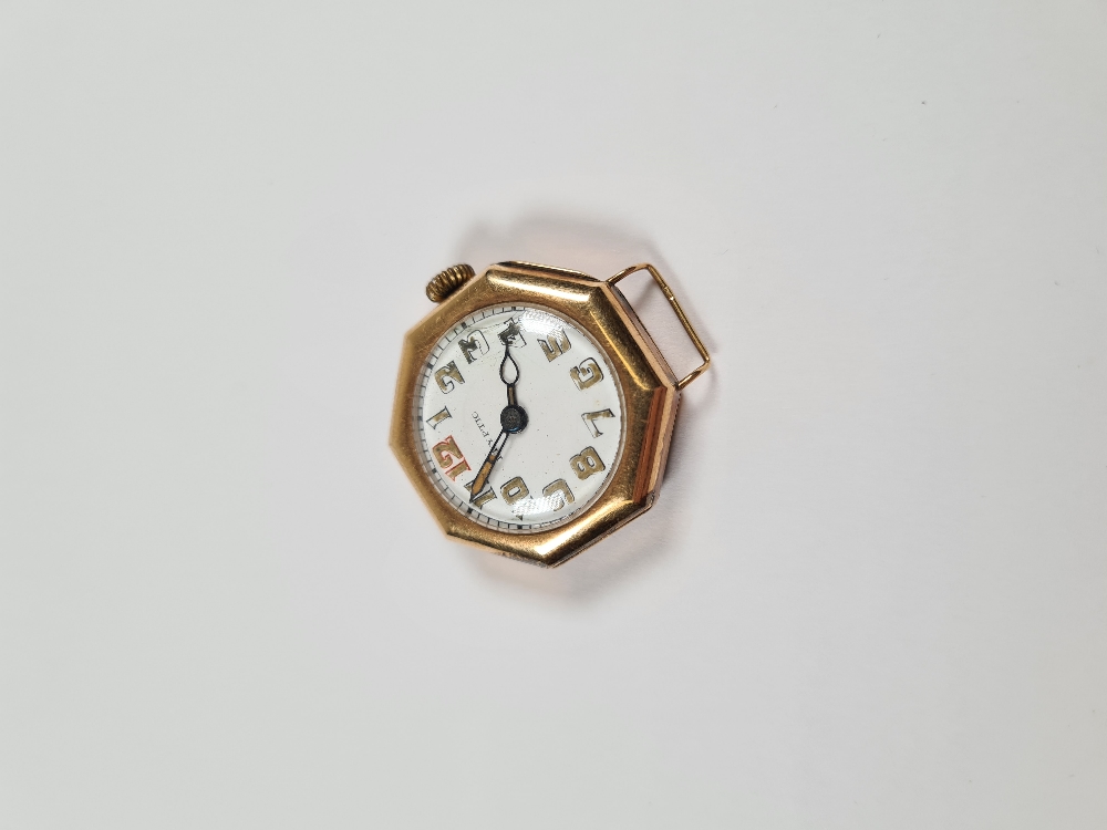 14K gold cased watch head, with circular enamelled numbered dial in octagonal 14K gold cased dial si - Image 5 of 8