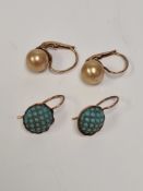 Pair of yellow gold backed earrings of circular form, inset with turquoise beads, together with a pa