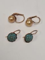 Pair of yellow gold backed earrings of circular form, inset with turquoise beads, together with a pa