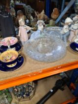 Ceramic figures, some by Nao, some by Wedgwood, glassware and Aynsley cups and saucers