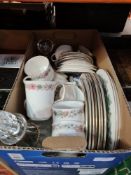A box of china including Paragon Belinda and 2 decanters
