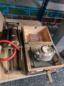 An old Ferodo brake testing meter in wooden case and a Dunlop foot pump