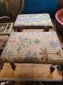 A pair of miniature stools on turned wooden legs, tapestry covers