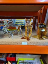 A Murano style glass Bison a coloured glass squirrel and owl