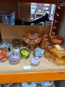 Carnival glass, paperweights and a box of sundry