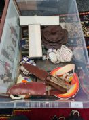 A mixed tray of items incl two daggers and a french pencil signed prints of dogs
