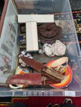 A mixed tray of items incl two daggers and a french pencil signed prints of dogs