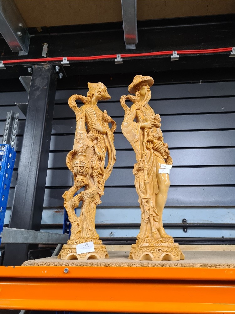 Two oriental figures in resin, colourised to mimic Ivory