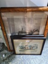 Two similar 19th Century lithographs of Winchester scenes in birdseye maple frames, and 2 other prin