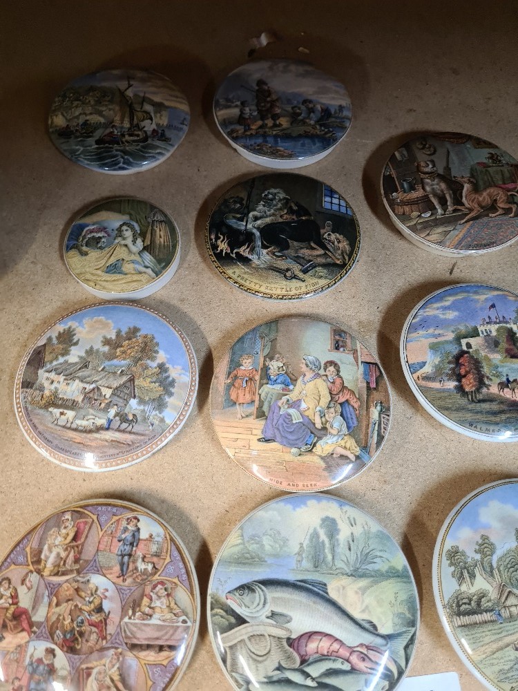 20 various Prattware pot lids to include examples titled 'The Seven Ages of Man' and a pretty Kettle - Image 2 of 7