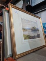 A watercolour by Frank Walton of figures in rowing boats in landscape, and 3 other pictures