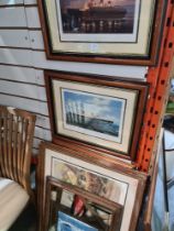 Two pencil signed prints of RMS Queen Mary and Queen Elizabeth by John Young, and other pictures and