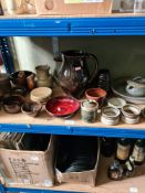 A shelf of Studio Art pottery including two pieces of Dun Chaoin pottery