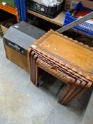 A carved set of nest of tables, vintage sewing machine and an accordion