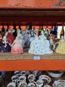 Five Royal Doulton figures of ladies and other figures