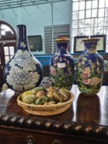 A pair of modern enamelled vases, decorative eggs and blue and white vase