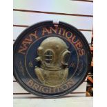 A modern plaque decorated Divers Helmet with wording for Navy Antiques, Brighton