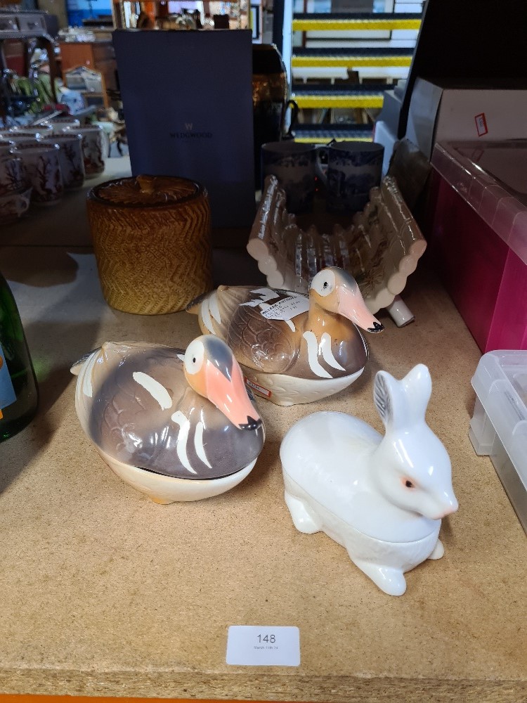 Two Duck shaped Pate dishes, a smaller Rabbit example and sundry