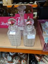 A pair of early 20th Century hobnail cut decanters and other glassware