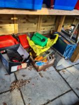 Mixed tools, a Concertina tool box, petrol cans, etc