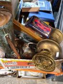 A box of metalware, small amount of costume jewellery and various tankards some inscribed