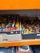Two trays of playworn die cast vehicles and a box of die cast related magazines