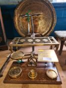 An Eastern brass tray, postage scales and sundry