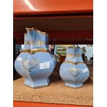 Two Mason's Ironstone hexagonal shaped jugs having pale blue glaze and gilt decoration - the largest