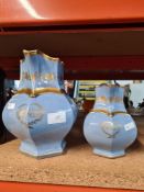 Two Mason's Ironstone hexagonal shaped jugs having pale blue glaze and gilt decoration - the largest