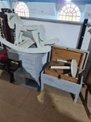 Unusual painted nest of drawers and some pine chests, rocking horse and stool