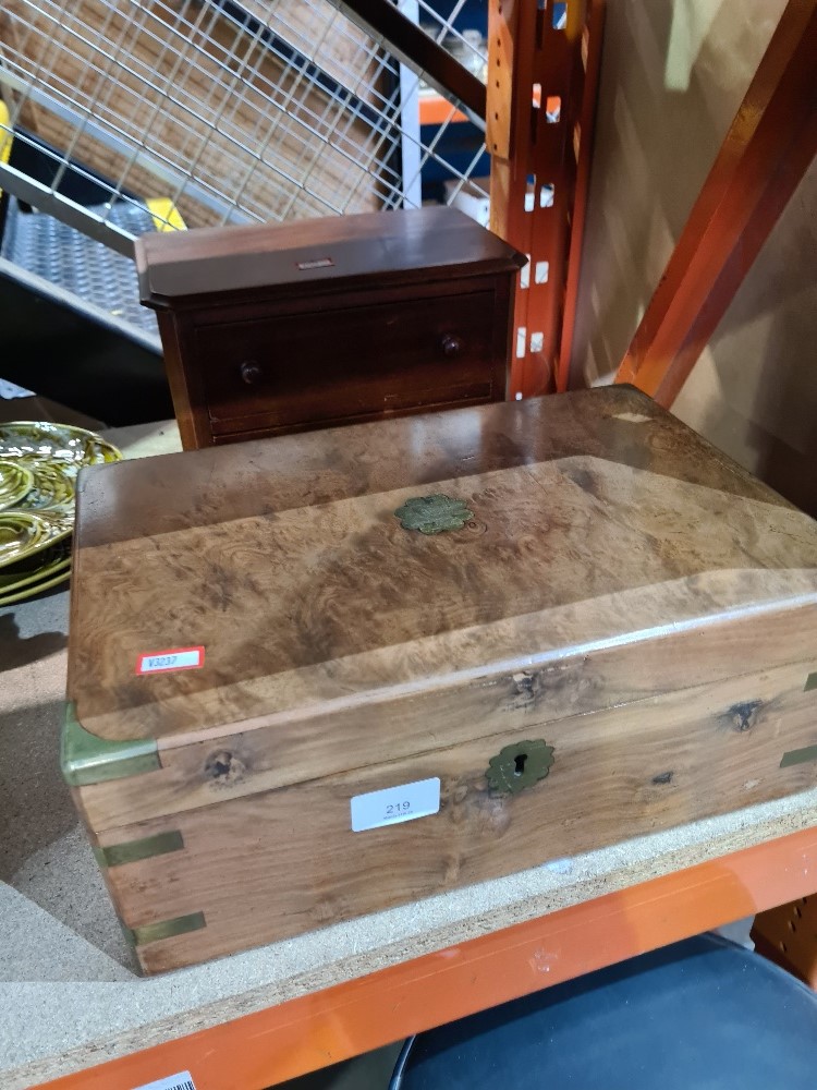 A Victorian Burr Walnut desk slope having brass corners and a small mahogany chest