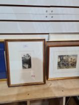 A small quantity of pictures including an etching by Michael Hunter titled Playhouse