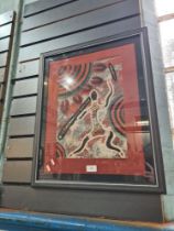 A fabric screen print by John Smith, Gunbula indigenous art, Queensland, Australia, 38.5 x 49.5cm