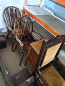 Two wheel and stick back chairs, a sewing box and a rocking chair