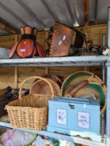 A selection of vintage lights (3) wicker basket and a selection of vintage cutlery