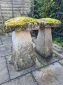Two Staddle stones, one A/F, dimensions are 37 x 37 cm at base of the largest one, top 41 cms. Smal